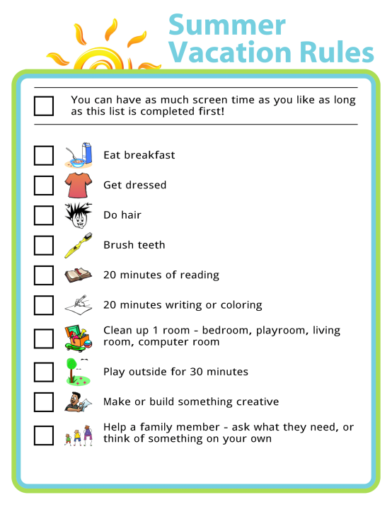 Picture checklist of summer vacation rules for kids